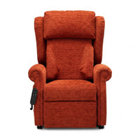 Repose Seating Chatsworth Dual Motor Riser Recliner Chair with firm foam cushions and attached remote, front view.