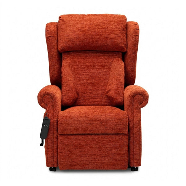 Repose Seating Chatsworth Dual Motor Riser Recliner Chair with firm foam cushions and attached remote, front view.