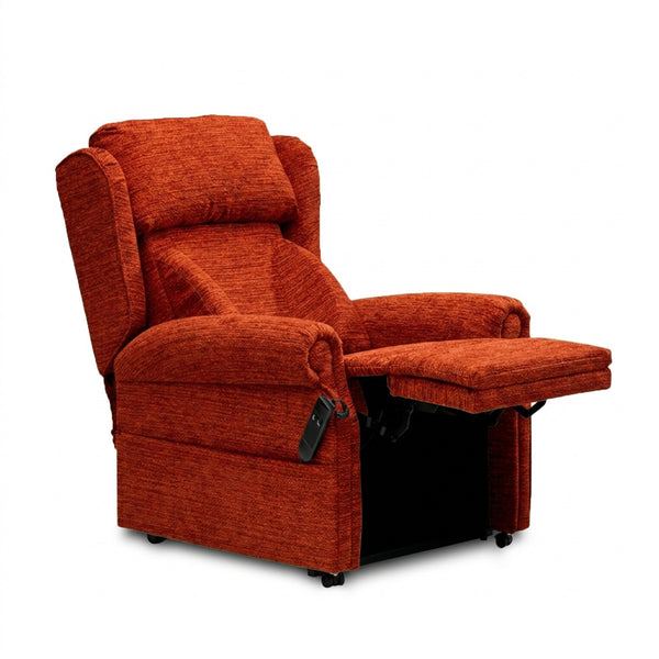 Repose Chatsworth Dual Motor Riser Recliner with firm foam side cushions, extended footrest and side remote, front view.
