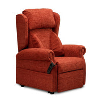 Repose Chatsworth dual motor riser recliner chair with firm cushions, padded armrests and remote control, front view.