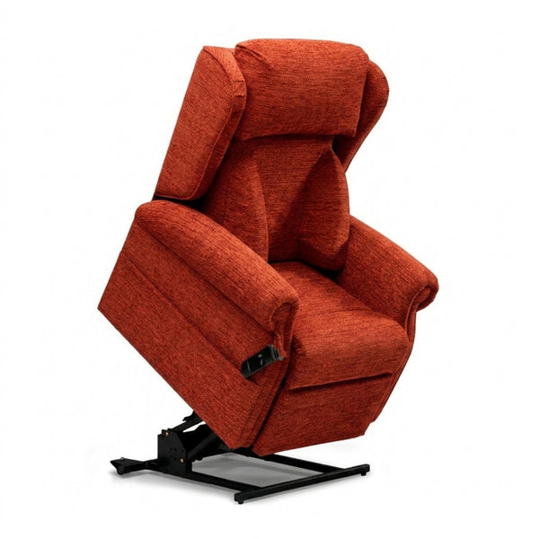 Repose Chatsworth Dual Motor Riser Recliner Chair by Repose Seating on black metal base, white background, front view.