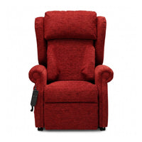 Repose Seating Chatsworth Dual Motor Riser Recliner Chair with plush armrests, firm foam cushions and remote, front view.