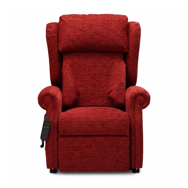 Repose Seating Chatsworth Dual Motor Riser Recliner Chair with plush armrests, firm foam cushions and remote, front view.