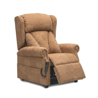 Repose Chepstow Dual Motor Riser Recliner Chair by Repose Seating with remote, partially reclined, angled view.