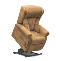 Repose Seating Chepstow Dual Motor Riser Recliner Chair partially raised with visible lifting base and remote control, side view.