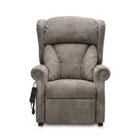 Repose Chepstow dual motor riser recliner chair with deep lateral cushions and padded armrests, front view.
