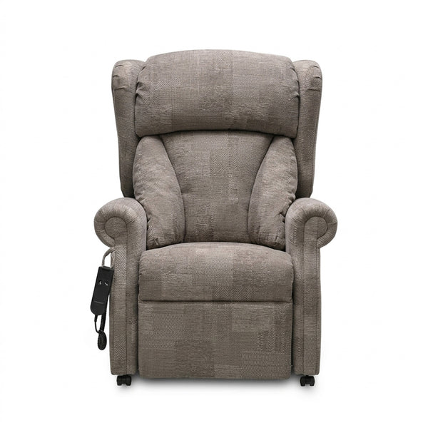 Repose Chepstow dual motor riser recliner chair with deep lateral cushions and padded armrests, front view.