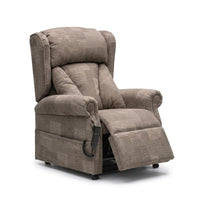 Repose Chepstow Dual Motor Riser Recliner Chair with extended footrest and remote control, front view.