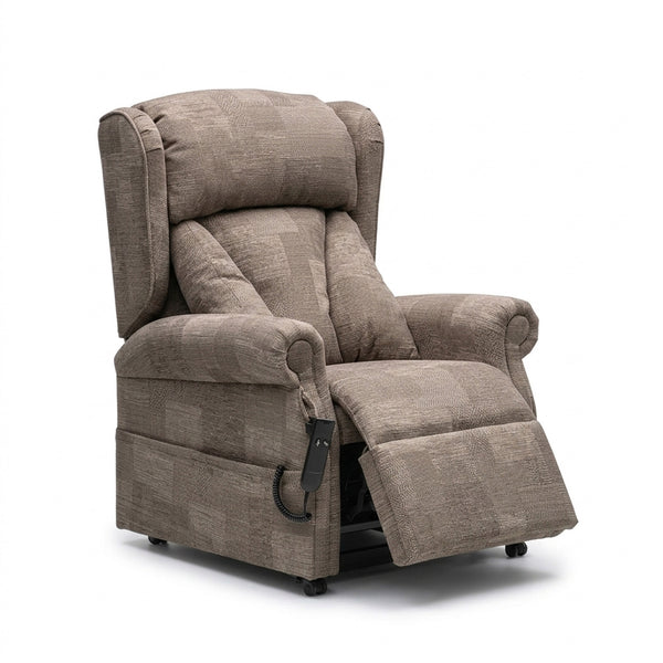 Repose Chepstow Dual Motor Riser Recliner Chair with extended footrest and remote control, front view.