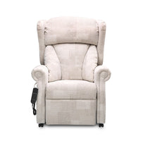 Repose Seating Chepstow Dual Motor Riser Recliner Chair with attached remote, front view.