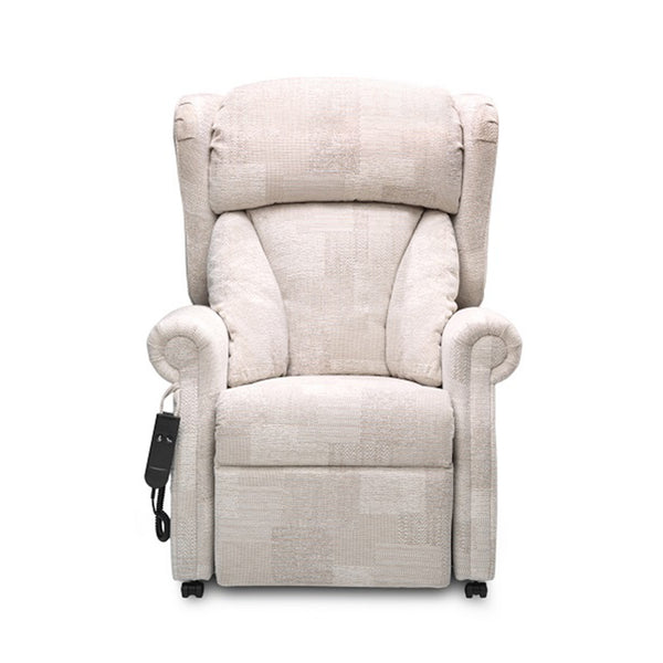 Repose Seating Chepstow Dual Motor Riser Recliner Chair with attached remote, front view.