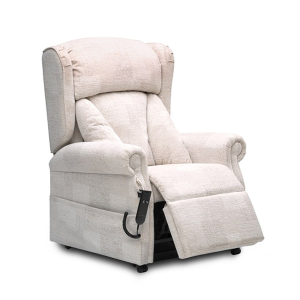 Repose Chepstow dual motor riser recliner chair with remote, extended footrest and cushioned backrest, front view.