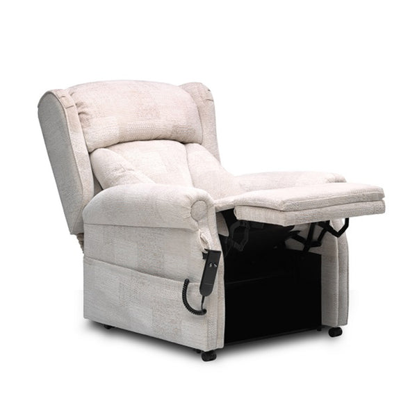 Repose Chepstow Dual Motor Riser Recliner Chair with extended footrest and wired remote, front view.