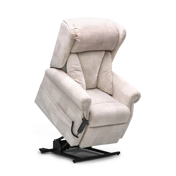 Repose Chepstow dual motor riser recliner chair with padded arms and black metal base, front view.