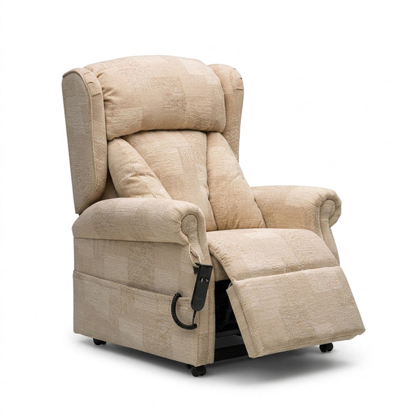 Repose Seating Chepstow Dual Motor Riser Recliner Chair partially reclined with remote attached, front angle.