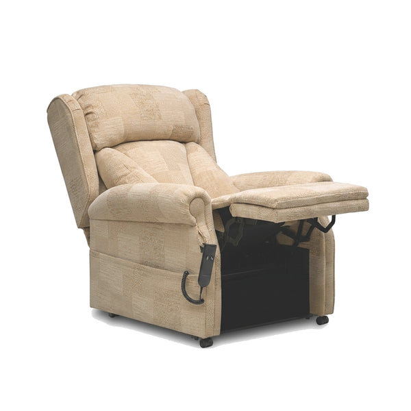 Repose Chepstow dual motor riser recliner chair with padded armrests and raised footrest, front view.