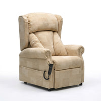 Repose Chepstow dual motor riser recliner chair with padded armrests and remote control, front view.