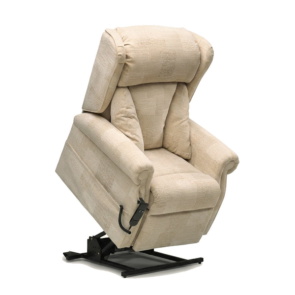 Repose Chepstow dual motor riser recliner chair with remote for standing assistance, front view.