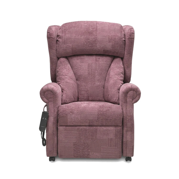 Repose Chepstow dual motor riser recliner chair with lateral cushions and left-side remote, front angle view.