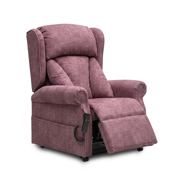 Repose Chepstow Dual Motor Riser Recliner Chair with lateral cushions and remote control, front view on white.