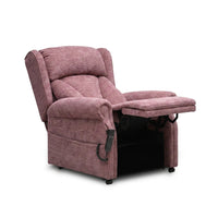 Repose Chepstow Dual Motor Riser Recliner Chair with raised footrest and remote, front view.