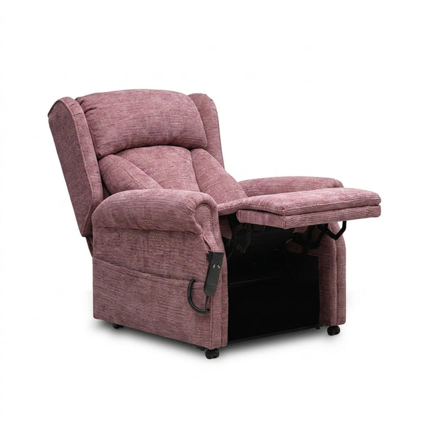 Repose Chepstow Dual Motor Riser Recliner Chair with raised footrest and remote, front view.