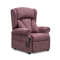 Repose Chepstow Dual Motor Riser Recliner Chair with plush and lateral cushions, remote on seat, white background, front view.