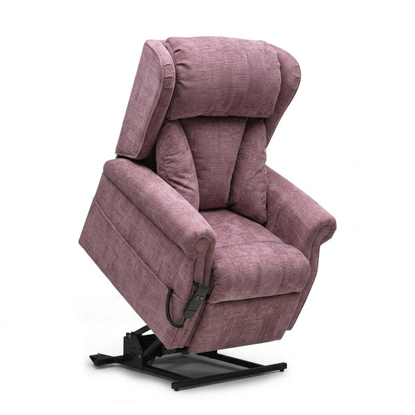 Repose Seating Chepstow Dual Motor Riser Recliner Chair with remote and black metal base, front view.