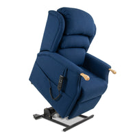 Cobalt blue Repose Henley dual motor riser recliner chair with wooden arms, waterfall back and remote control, front view.