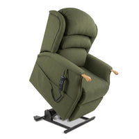 Henley dual motor riser recliner chair in leaf fabric with waterfall backrest and wired remote, front view.