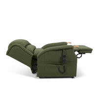 Leaf green Repose Henley dual motor riser recliner chair with wood arms, waterfall back and corded remote, front angle view.