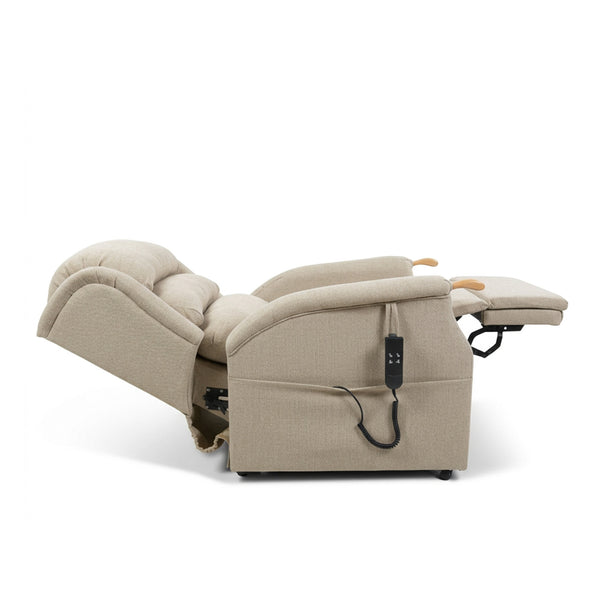Natural fabric dual motor riser recliner chair with waterfall back and wired remote, made in UK, front angle view.