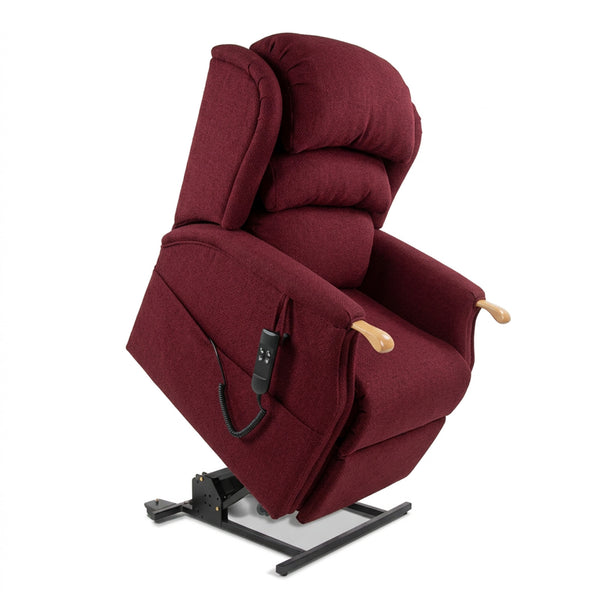 Pomegranate Repose Henley dual motor riser recliner chair with wooden arms, remote control, and black base, front angle view.