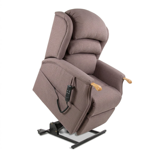 Repose Henley dual motor riser recliner chair in wisteria fabric, shown reclined with remote control on white background, front view.