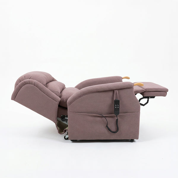 Repose Henley dual motor riser recliner chair in wisteria, fully extended with remote, white background, front angle.