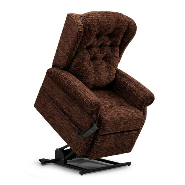 Repose Marbella Dual Motor Riser Recliner Chair by Repose Seating, partially elevated, cushioned armrests and button back, front angle.