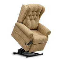 Repose Marbella dual motor riser recliner chair with tall tufted back, padded arms and black metal base, front view.