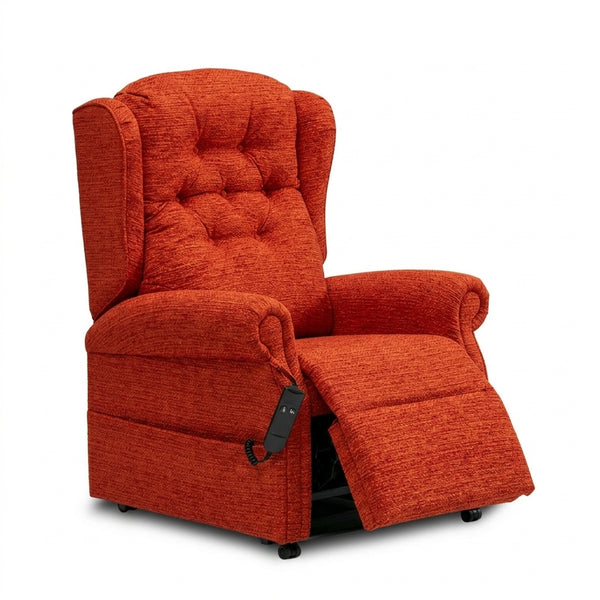 Repose Marbella Dual Motor Riser Recliner Chair with button back and remote control, front view.