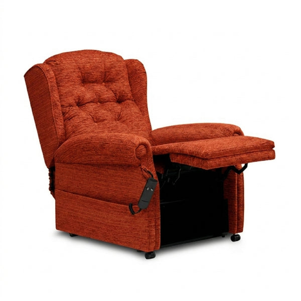 Repose Marbella Dual Motor Riser Recliner Chair with button back, footrest and remote control, front view.