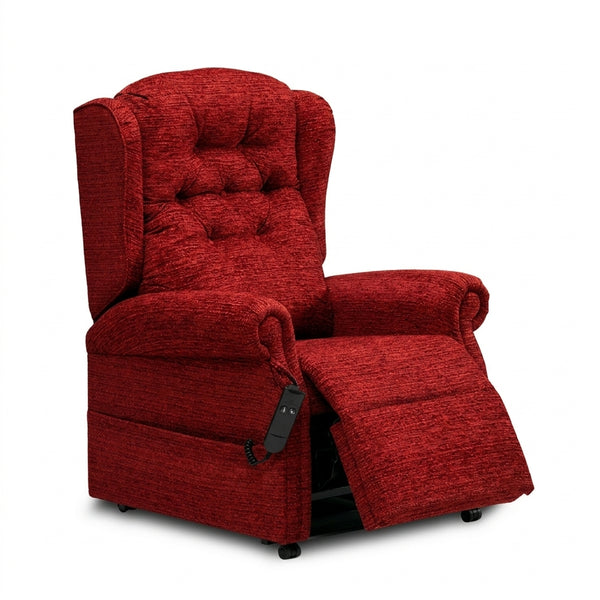 Repose Marbella Dual Motor Riser Recliner Chair with button back, extended footrest, and wired remote control, front view.