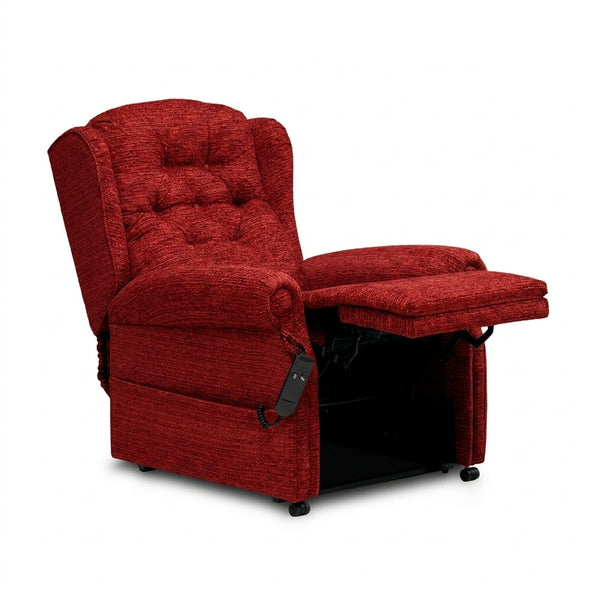 Repose Marbella Dual Motor Riser Recliner Chair with classic button back, extended footrest and remote control, front view.