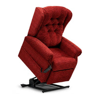 Repose Marbella Dual Motor Riser Recliner Chair raised, classic button back and black base, front view.