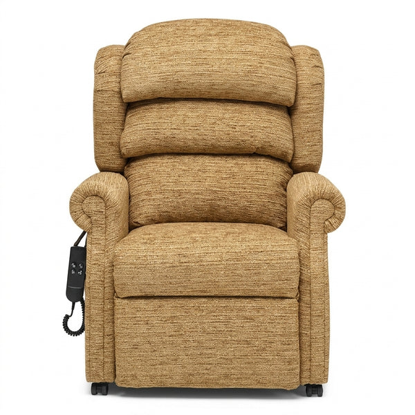 Repose Rimini dual motor tilt-in-space chair with cushioned arms, tall back, sprung seat and corded remote, front view.