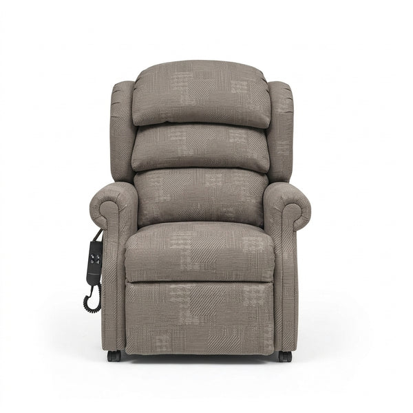 Repose Seating Rimini Dual Motor Tilt-in-Space Chair with pocket sprung seat, padded back and arms, left side remote control, front view.