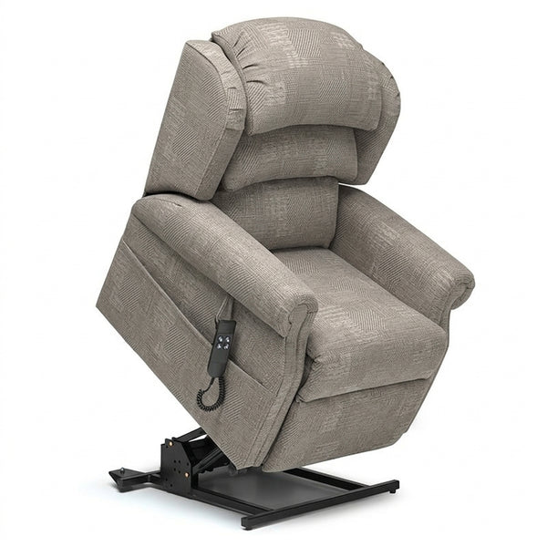 Repose Rimini dual motor tilt-in-space chair partially lifted on black metal base, side view.