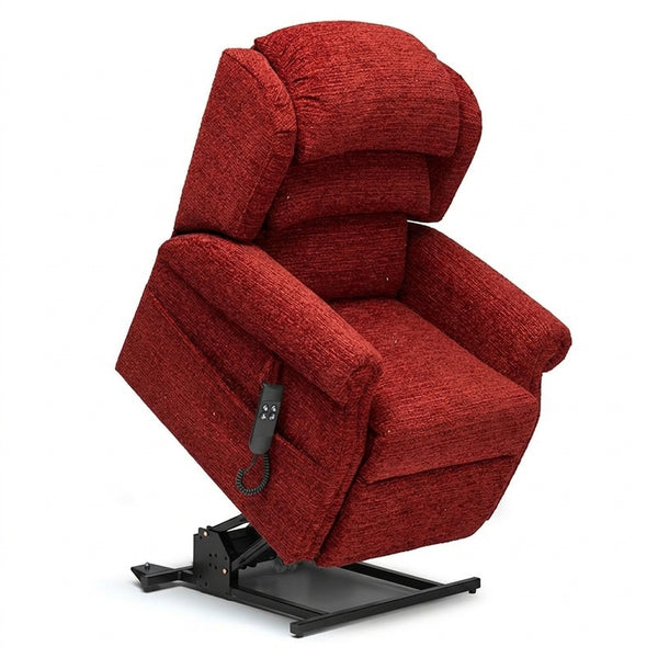 Rimini Dual Motor Tilt-in-Space chair with padded arms, pocket sprung cushion and remote on metal base, front view.