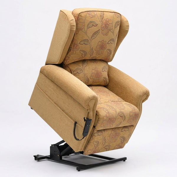 Repose Westbury dual motor riser recliner chair with remote and black metal base, front angle view.