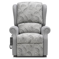 Repose Seating Westbury dual motor riser recliner chair with split back, scroll arms and left-side remote control, front view.