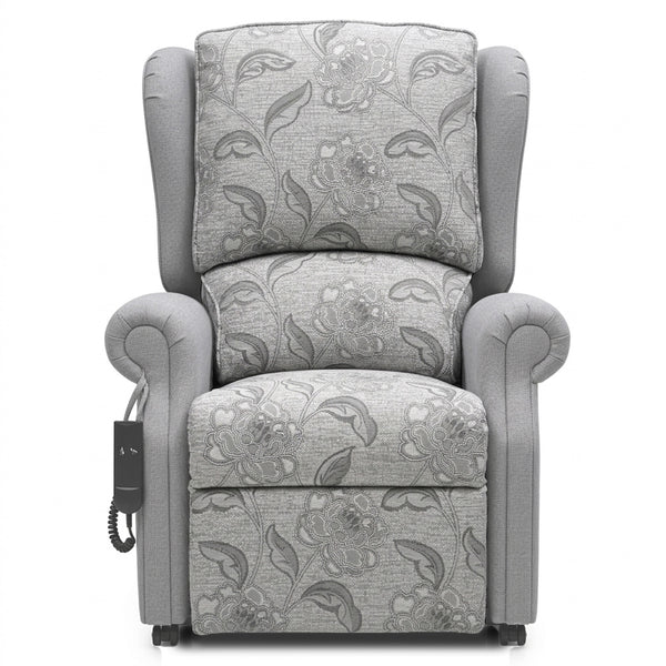 Repose Seating Westbury dual motor riser recliner chair with split back, scroll arms and left-side remote control, front view.