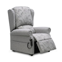 Repose Seating Westbury Dual Motor Riser Recliner Chair with floral upholstery, split back, extended footrest and remote, front view.